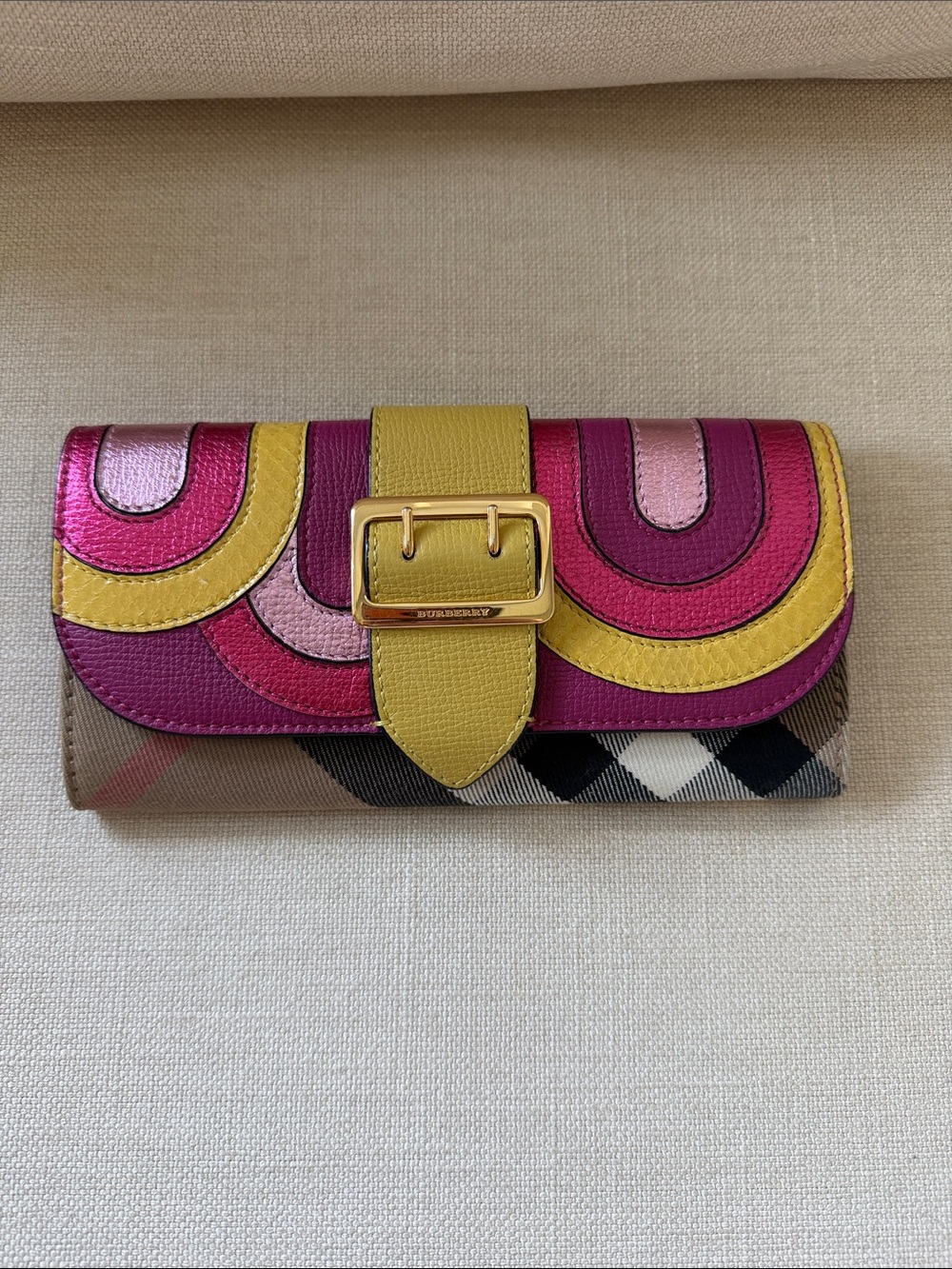 Burberry Multicolor Leather Continental Wallet - Yellow, Pink & Fuchsia
